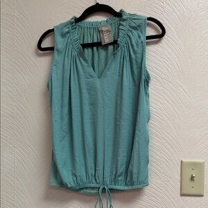 dolan Sleeveless V-Neck Drawstring Hem Top in Teal